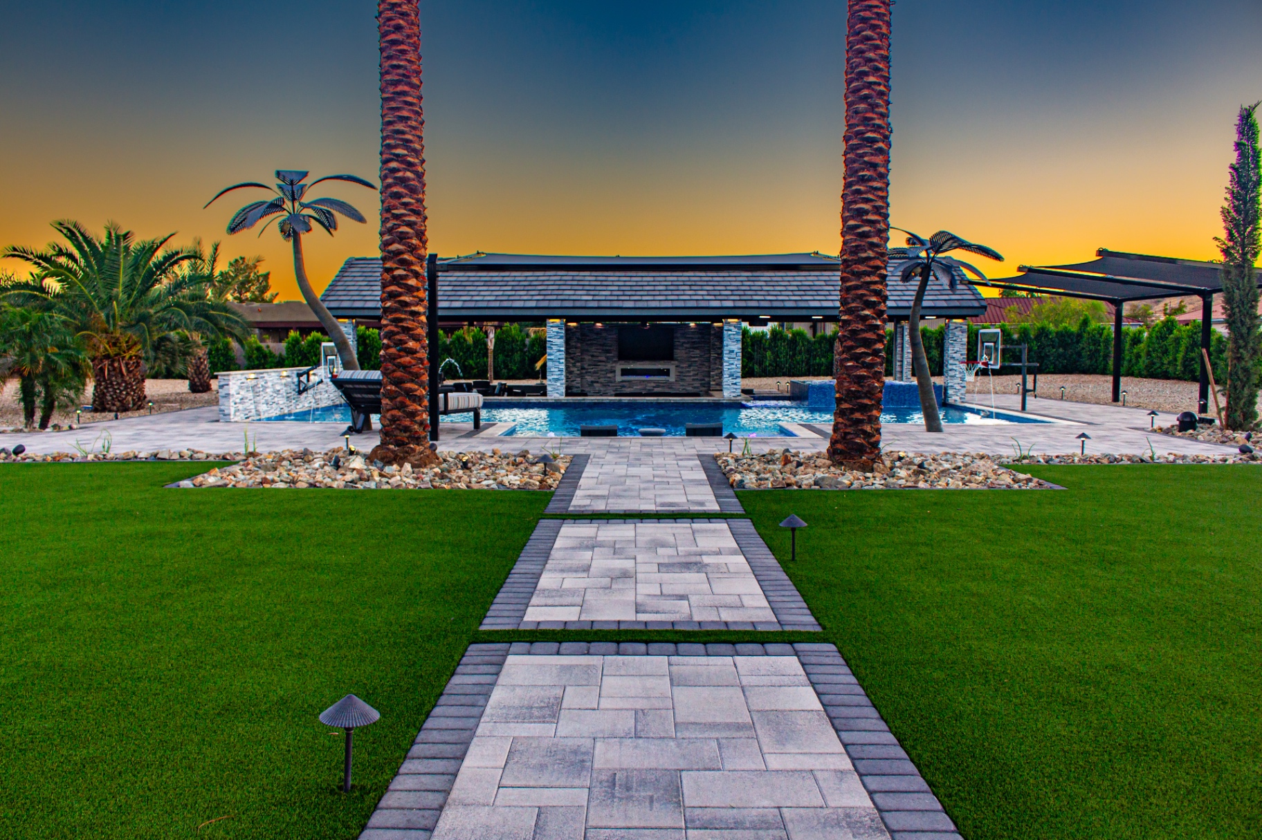 After — Bare yard → Resort pavilion