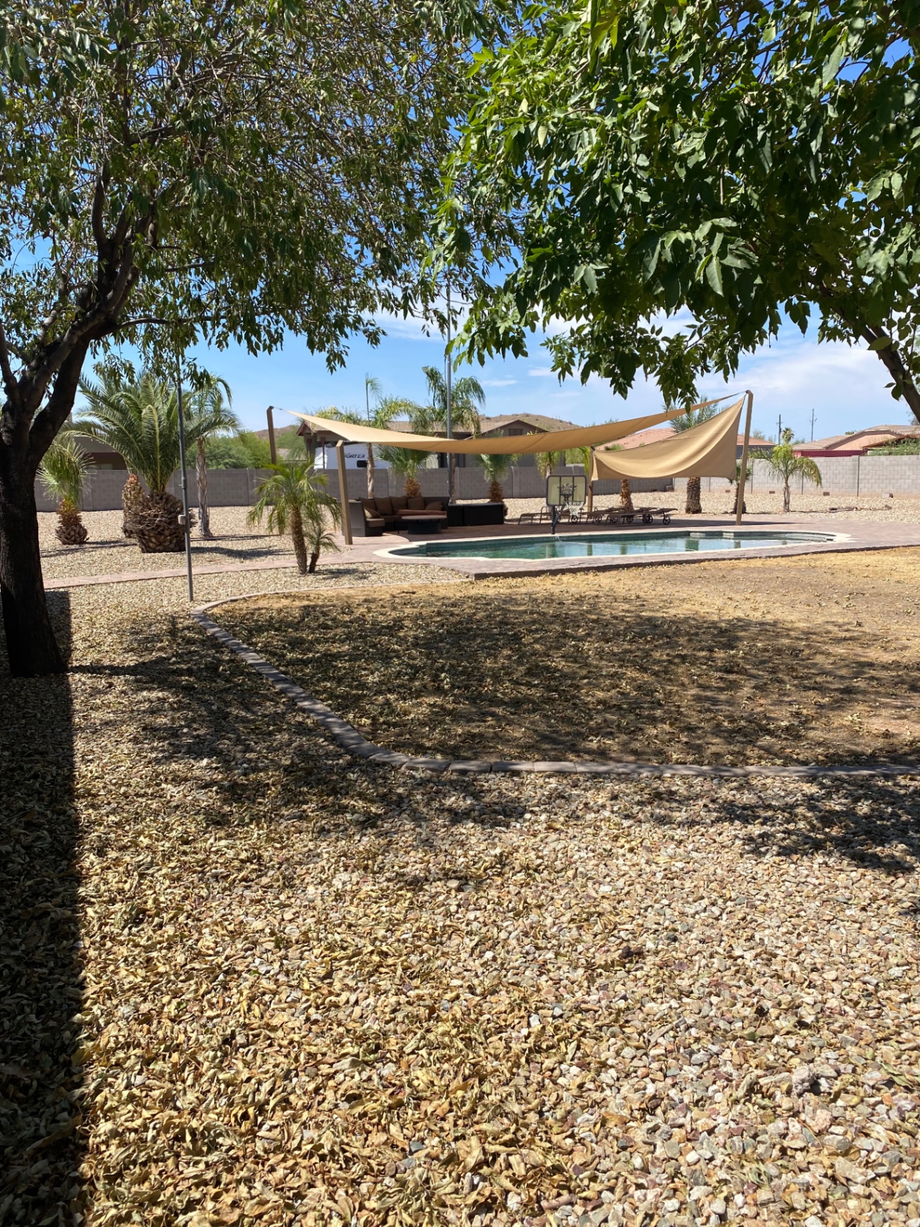 Before — Sail shades → Sunset palm gateway