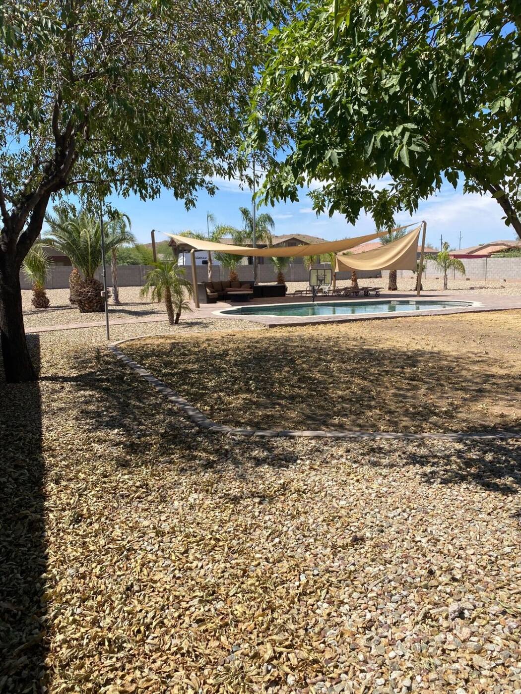 Before — Sail shades → Sunset palm gateway
