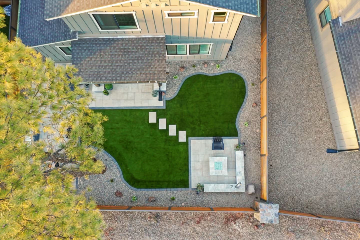 Aerial — Curved Turf & Paver Patio